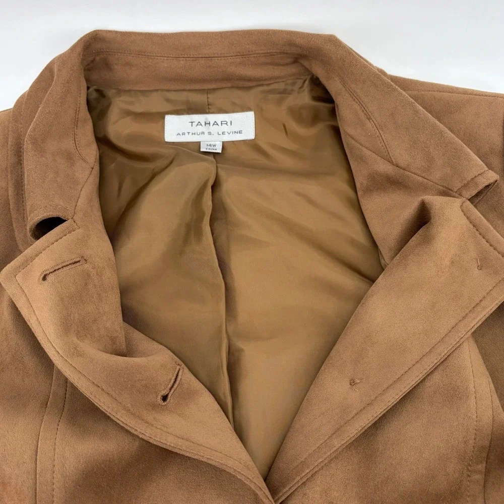 Tahari Arthur S Levine Faux Suede Jacket Camel Brown 14W Button Front 3/4 Sleeve